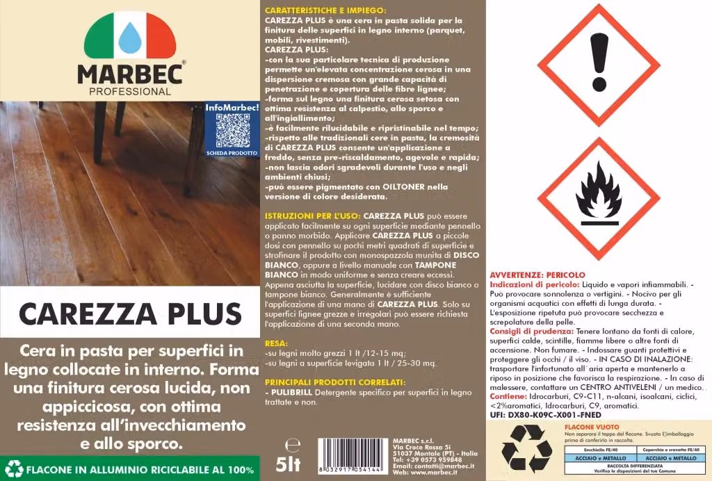 Cera in pasta Marbec Carezza Plus per superfici in legno, trasparente, finitura satinata, 4 confezioni da 5 l – 2