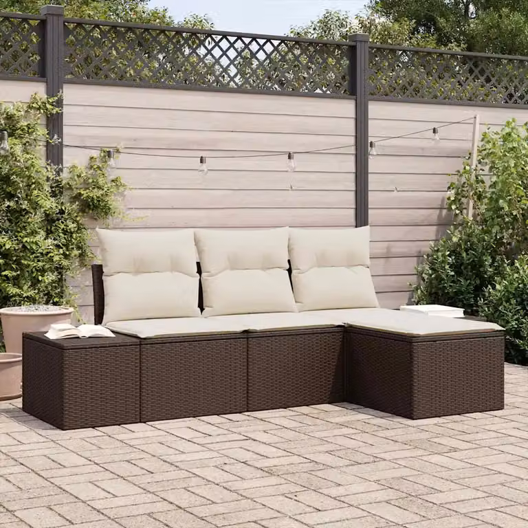 Set Divano da Giardino vidaXL 4 Pezzi a Forma di L in Polyrattan Marrone con Cuscini e Struttura in Acciaio Resistente alle Intemperie