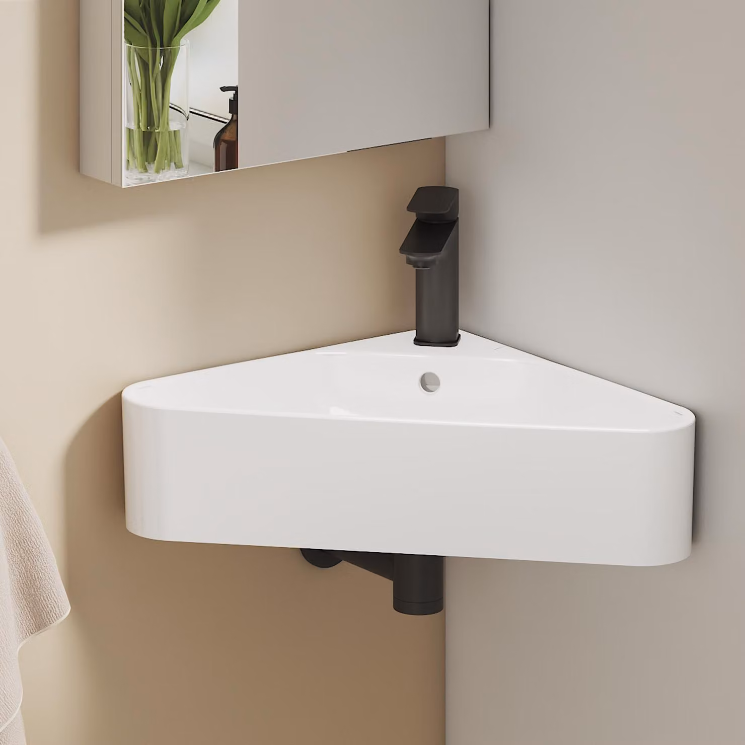 EMKE Lavabo angolare a parete in ceramica 560x340 mm Bianco lucido Lavabo triangolare a parete con troppopieno e foro per rubinetto per WC ospiti e bagni piccoli
