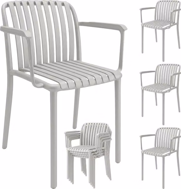 Set di 4 Sedie da Giardino Impilabili con Braccioli, Design a Doghe in Plastica, Grigio