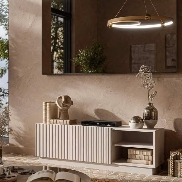 Mobile porta TV Finita, Madia da salotto con due ante battenti, Design minimal e moderno, 150x40 h48 cm, Beige