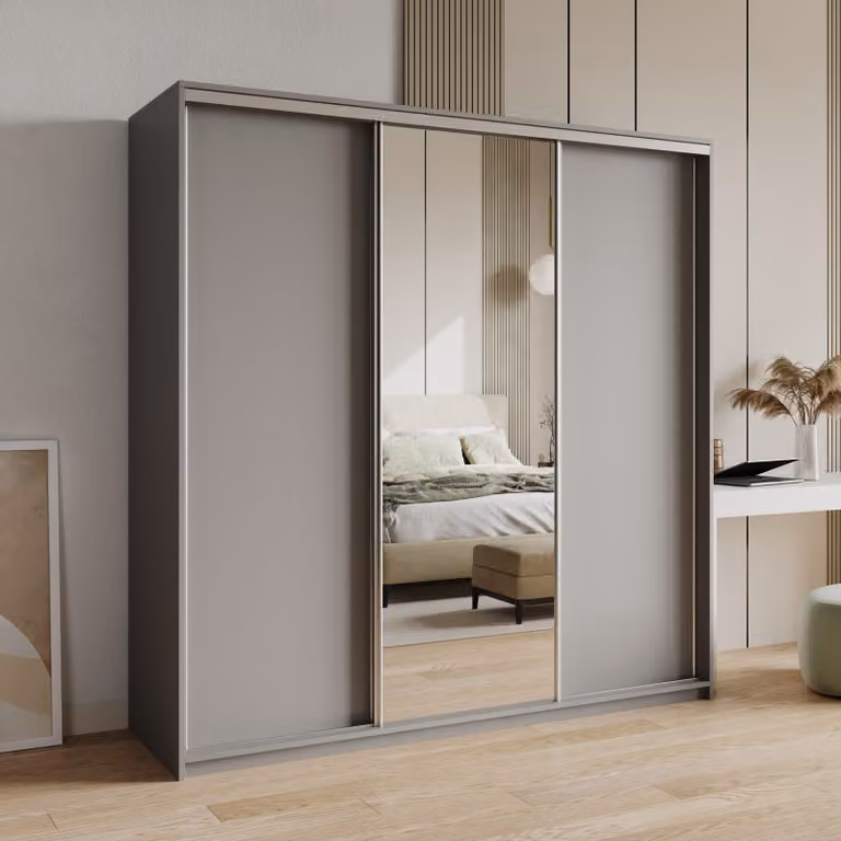 Armadio scorrevole Masseno TAVI 180/205/60 cm Armadio con 4 cassetti Armadio per camera da letto a 3 ante con specchio Colore grafite