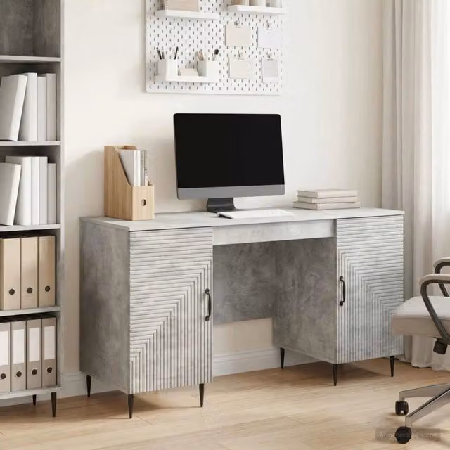 Scrivania moderna vidaXL in MDF e metallo Grigio, L: 142,5 cm, P: 50 cm, H: 75 cm