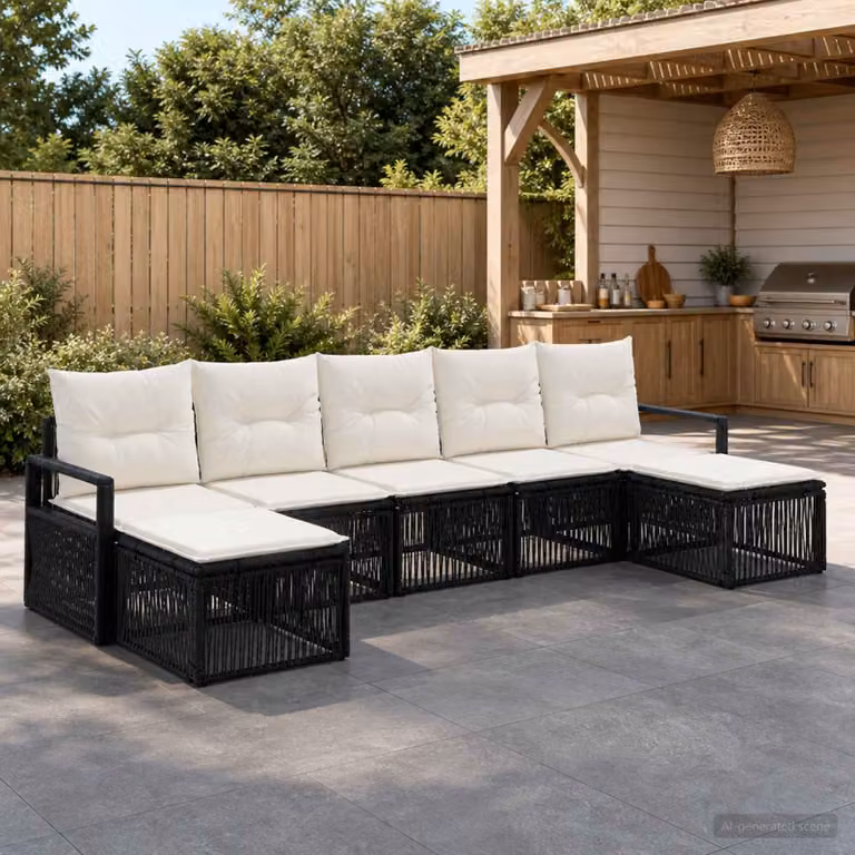 Set Divano da Giardino vidaXL 7 pz in Polyrattan Nero con Cuscini e Struttura in Acciaio con Forma a L