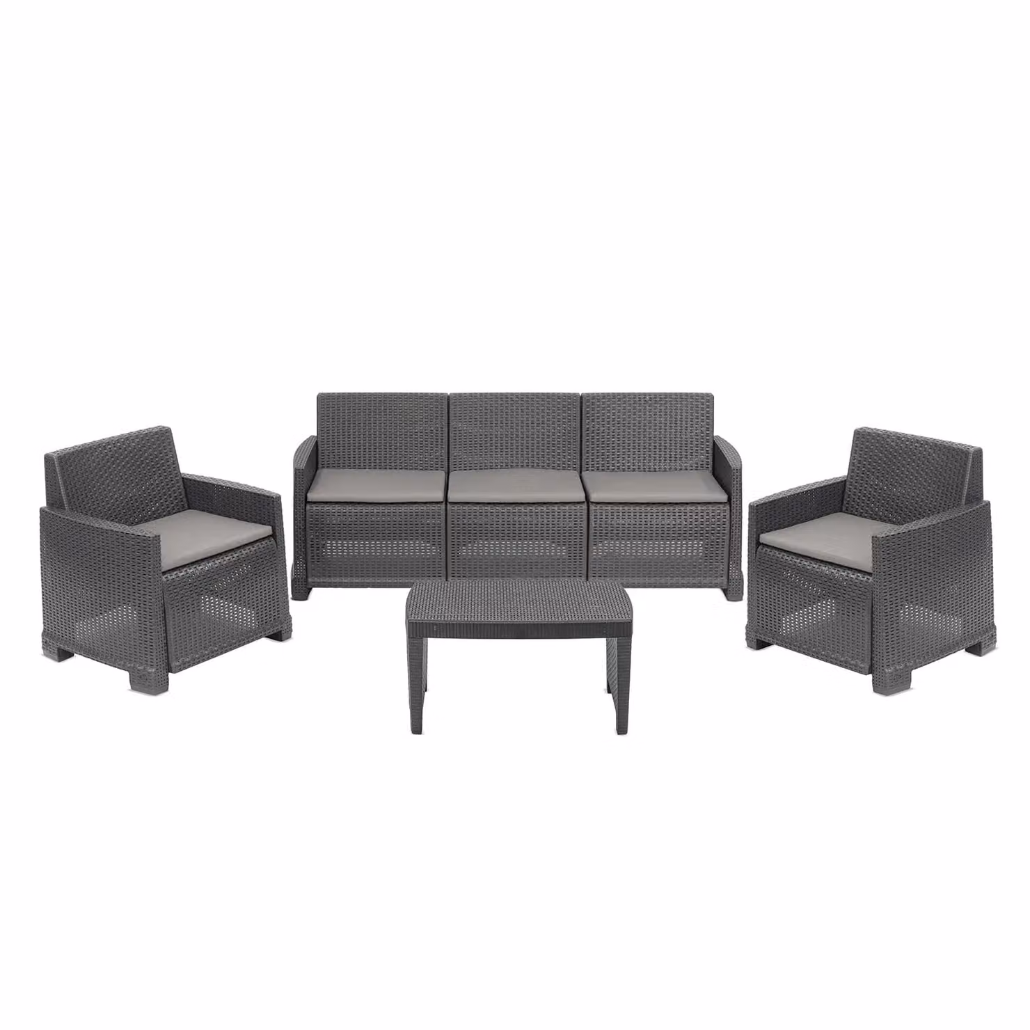 PROGARDEN Set da giardino Salento Antracite in rattan con divano a 3 posti, poltrone lounge, tavolino da caffè e cuscini inclusi