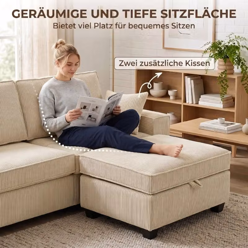 Divano angolare REDOM a 3 posti con pouf contenitore, colore beige, L: 175 cm – 2