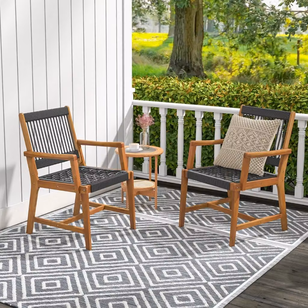 Set di 2 sedie da pranzo da esterno in legno di acacia con braccioli e seduta in corda intrecciata, colori nero e marrone – 2