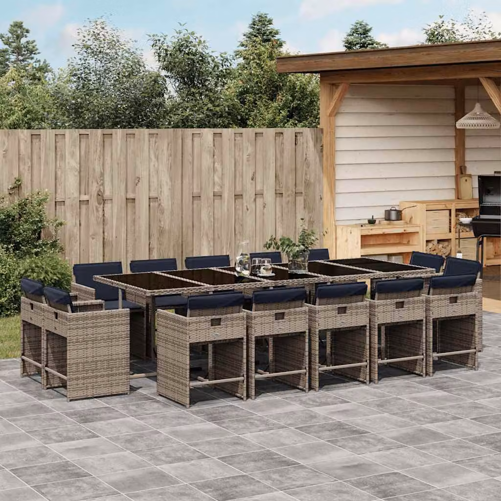 Set da pranzo da giardino vidaXL in polyrattan con cuscini e tavolo in vetro, 15 pezzi, Grigio