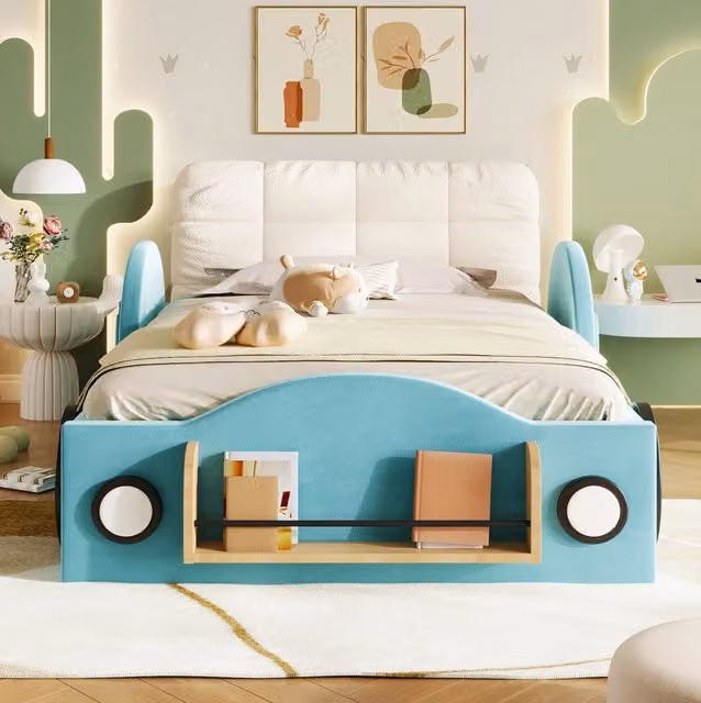 Letto imbottito 90x200 cm con contenitore idraulico; tasche laterali e cuscino grande in flanella blu