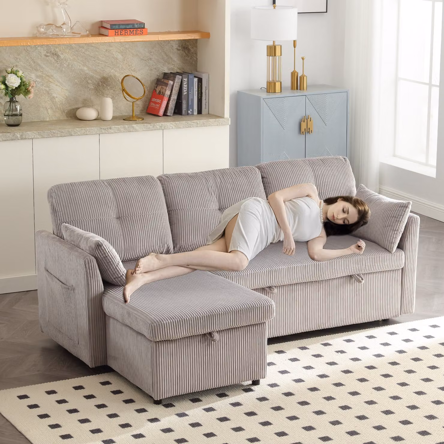 LVHOM Divano angolare con funzione letto a L, divano con box letto, divano da salotto con tasca laterale, divano in velluto, divano letto, set di divani a 3 posti