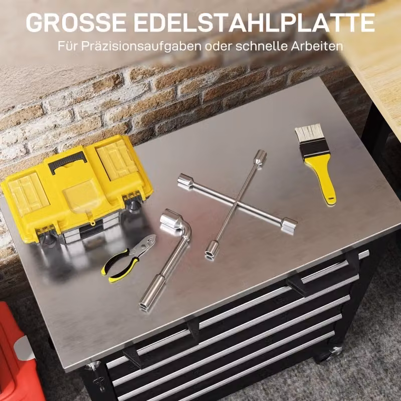 Mobile contenitore OKWISH con 5 cassetti, piano in acciaio inox e serratura centralizzata su ruote per officina e garage, nero – 2