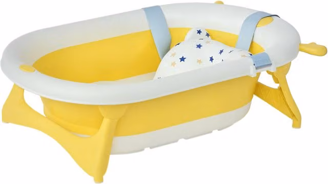 Vaschetta Bagnetto Pieghevole HOMCOM per Bambini 0-3 Anni con Indicatore di Temperatura, Cuscino e Base Antiscivolo, Bianco e Giallo, L: 81.5 cm, P: 50.5 cm, H: 23.5 cm