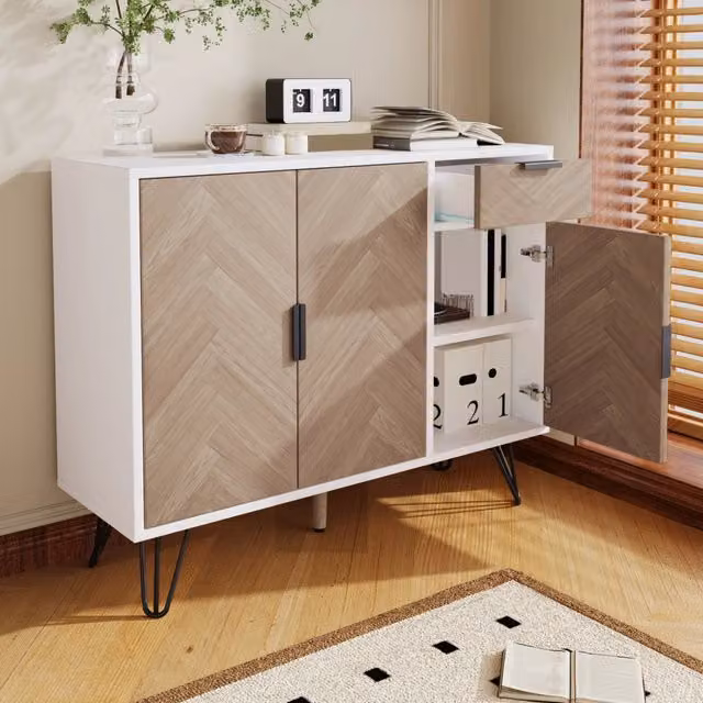 Credenza moderna bianca e effetto legno con 3 ante e cassetto