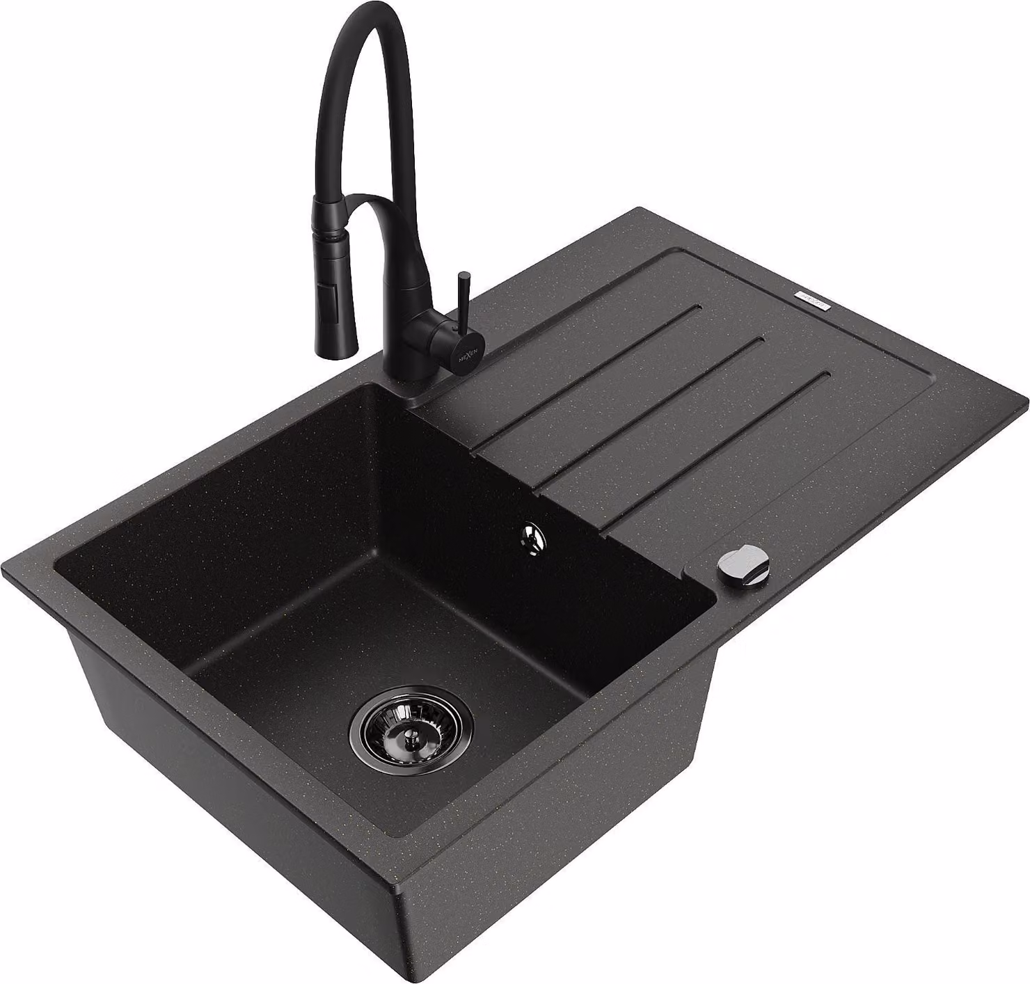 Mexen Bruno lavello da cucina in granito a 1 vasca con sgocciolatoio e rubinetto Aster, nero/oro metallizzato