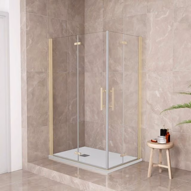 185 cm Box Doccia Angolare 90x110 cm Doppia Porta Battente Pieghevole Vetro Temperato Trasparente 6 mm Anticalcare Telaio Dorato Spazzolato