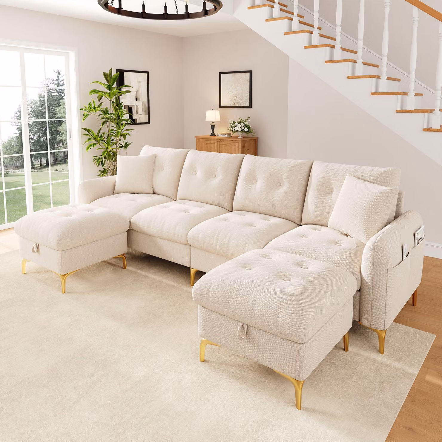 Divano angolare a forma di U, modulare, con 4 posti, dotato di poggiapiedi contenitori, gambe dorate, rivestito in tessuto tipo chenille, completo di cuscini decorativi, dimensioni 263×137×85 cm, colore beige