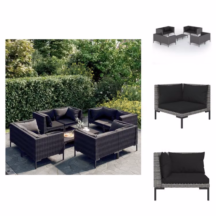 vidaXL Set 9 pezzi con cuscini in rattan grigio scuro - Set di mobili da giardino