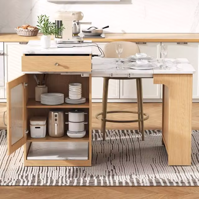 Tavolo allungabile per 2 persone estensibile a 4 persone con cassetto, prese integrate, in mdf e vetro naturale