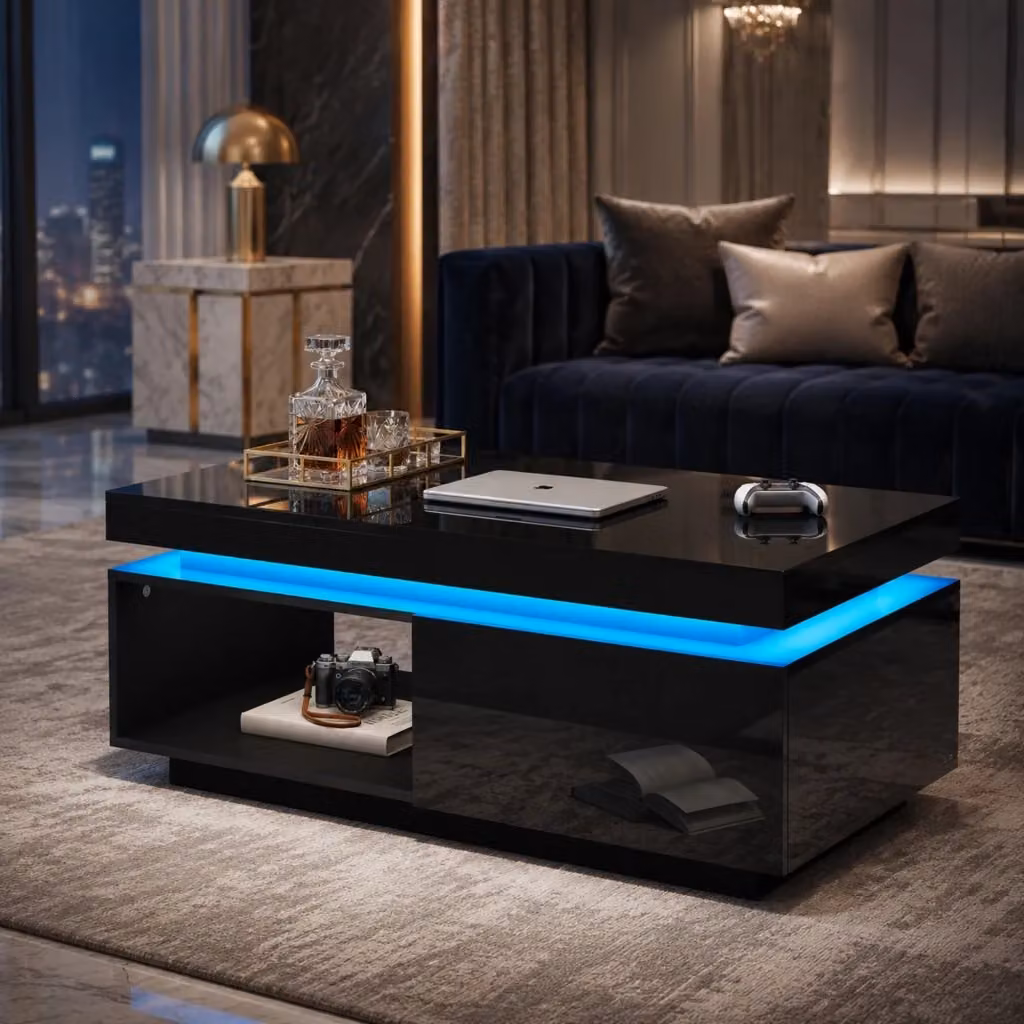 Tavolino basso Mivray con illuminazione LED e cassetto in nero lucido L: 100 cm, P: 50 cm, H: 40.3 cm – 2