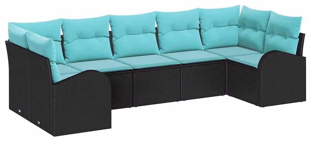 Set da giardino composto da 7 pezzi, in rattan sintetico nero e turchese