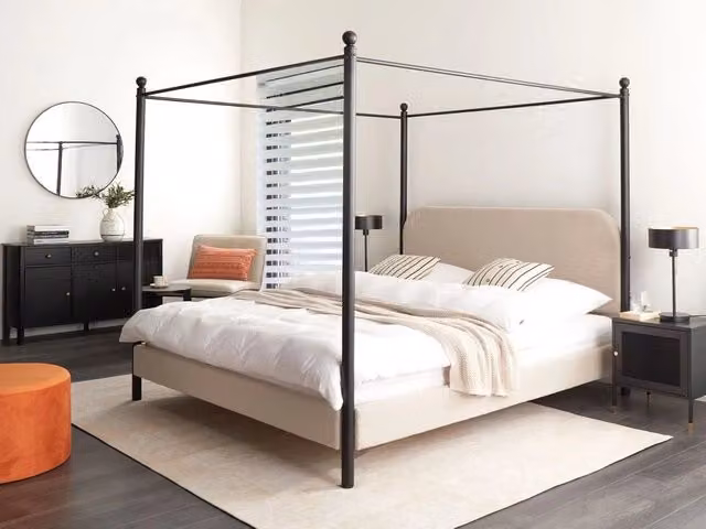 Letto a baldacchino in metallo nero con rivestimento in bouclé beige 180 x 200 cm EU Dimensioni doppie Retro Minimalista