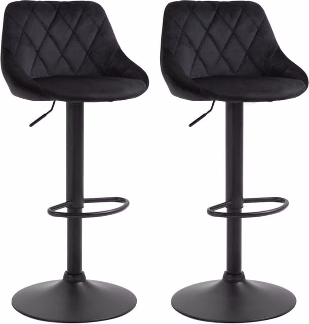 Set di 2 sgabelli da bar regolabili in altezza, struttura in metallo con rivestimento in velluto nero, 46x48x83-104 cm