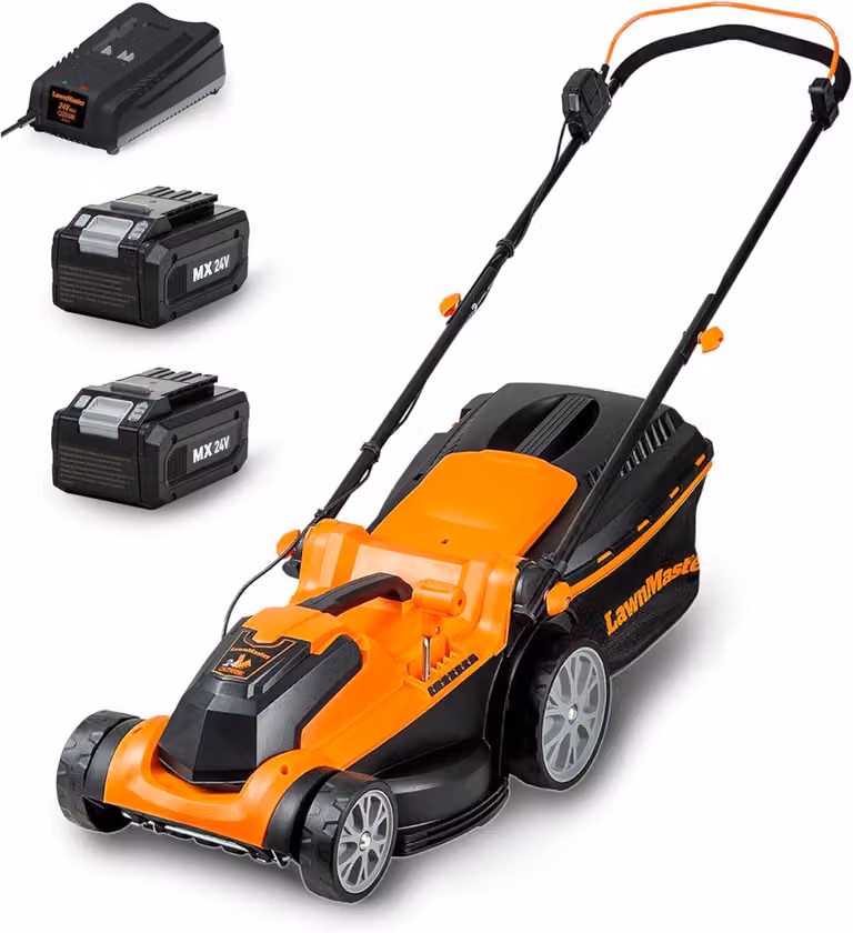 Tosaerba a batteria LawnMaster 24 V Max con 2 batterie da 4,0 Ah, larghezza di taglio 37 cm, capacità di mulching 300 m², cesto da 40 L, regolazione dell'altezza di taglio a 6 livelli da 22 a 72 mm – LawnMaster CLMF2437G