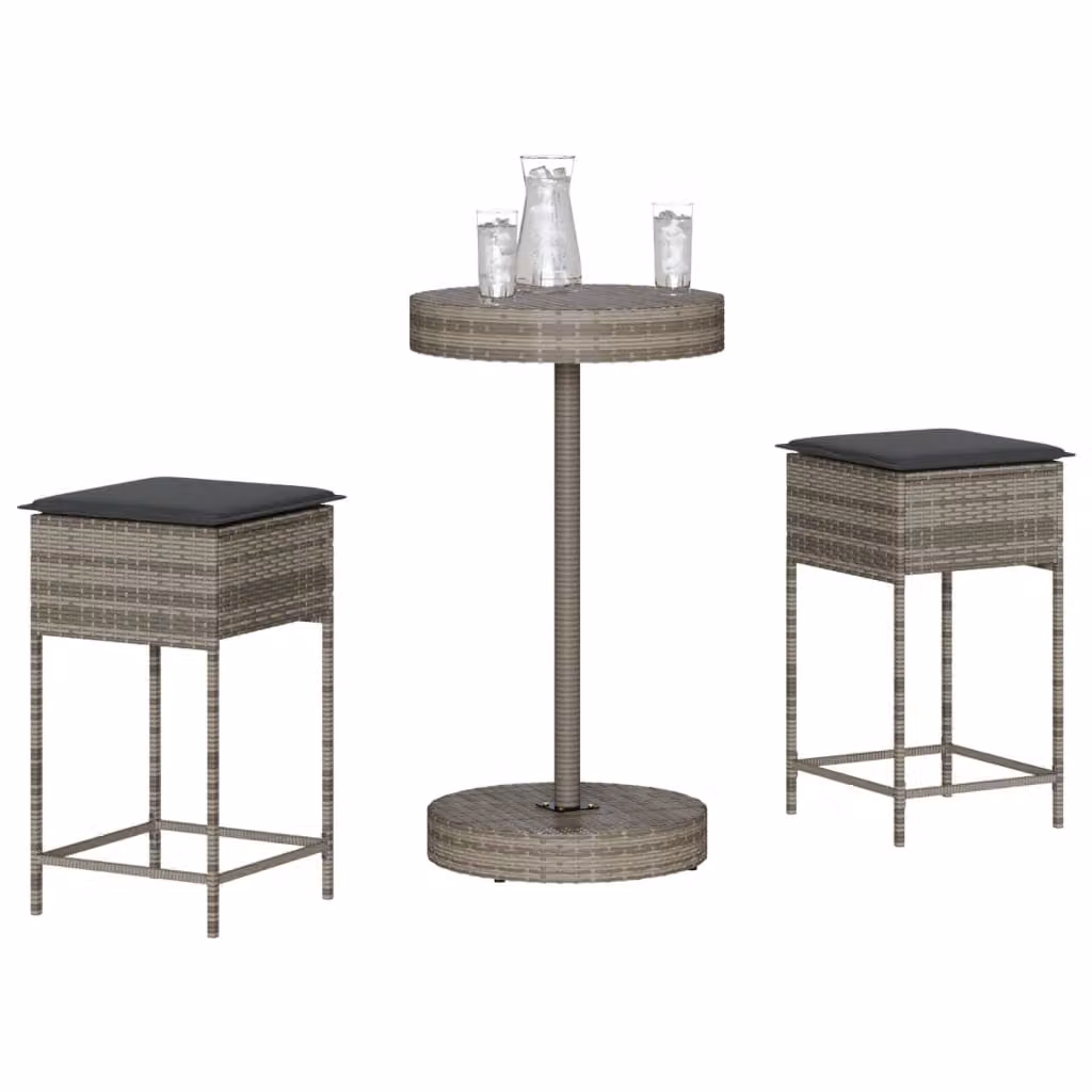 vidaXL Set Bar da Giardino 3 Pezzi in Polyrattan Grigio con Cuscini