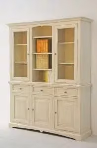 Credenza cristalliera KIVIO in stile shabby chic con ante in vetro, colore avorio e beige, L: 220 cm, H: 170 cm, P: 46 cm