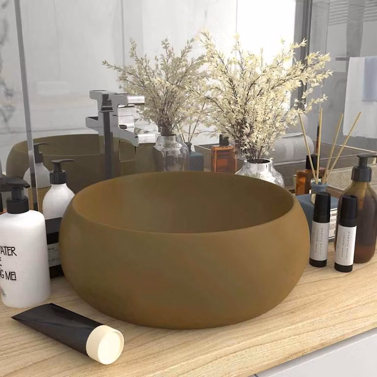 Lavandino da appoggio rotondo vidaXL in ceramica beige e marrone L: 40 cm, P: 15 cm, H: 15 cm