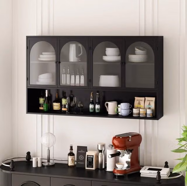 Mobile pensile 120x23x70 cm in vetro e metallo nero salvaspazio per cucina –