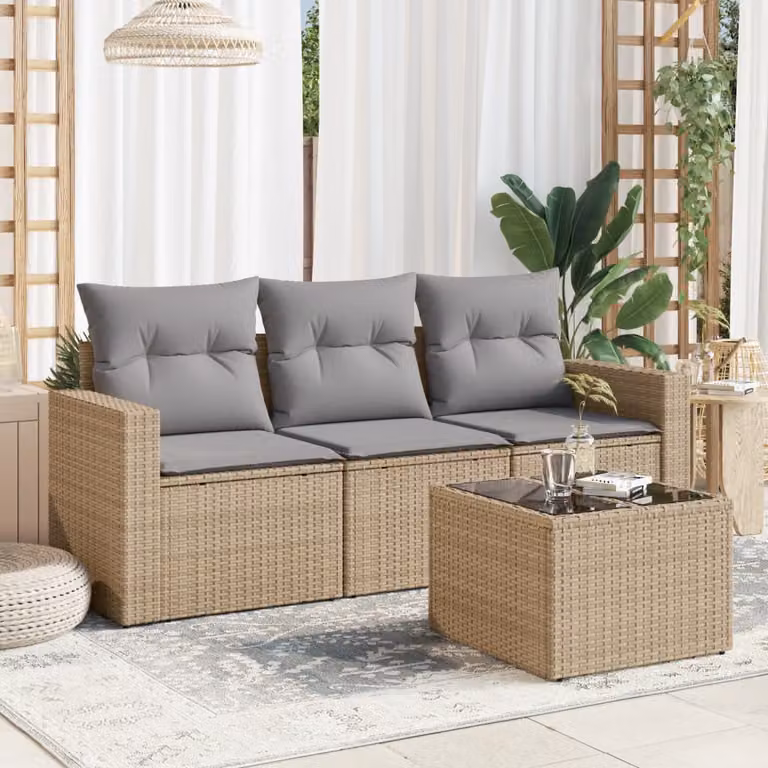 Set Divano da Giardino vidaXL 4 pz con Tavolino in Vetro e Cuscini Beige e Grigio in Stile Moderno