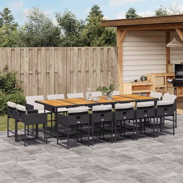 Set da pranzo da giardino vidaXL in polyrattan e legno di acacia con 15 pezzi e cuscini nero e bianco