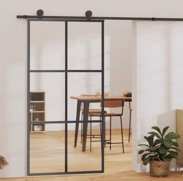 Porta Scorrevole con Kit di Montaggio in Alluminio e Vetro ESG Trasparente Nero vidaXL L: 102 cm, H: 205 cm