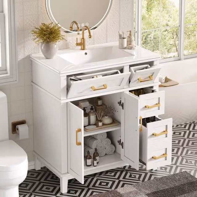 Armadietto da bagno con lavabo in ceramica e vani contenitore, in MDF e metallo, bianco, 76 × 46,5 × 86 cm