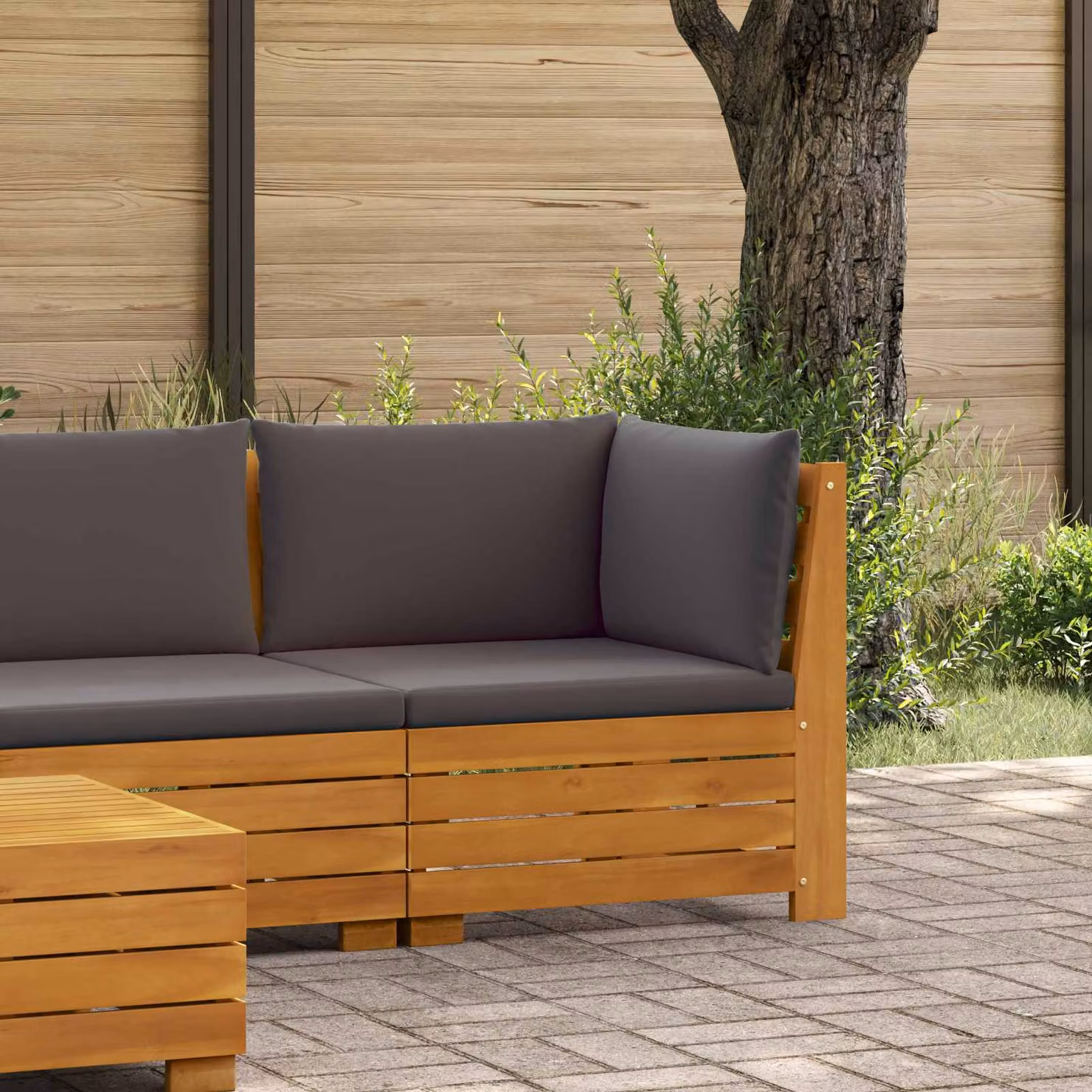vidaXL Divano angolare da giardino in legno di acacia con cuscini imbottiti marrone e grigio