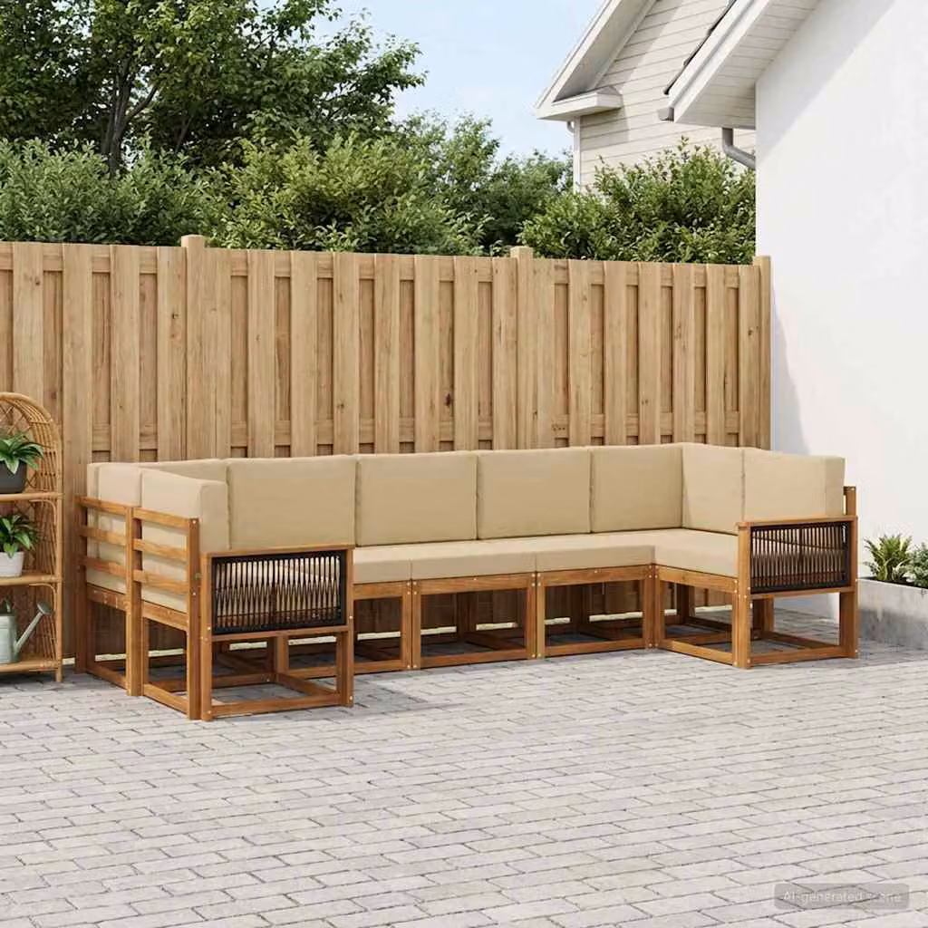 vidaXL Set di divani da esterno a L composto da 7 pezzi in legno di acacia con cuscini, colore marrone e beige