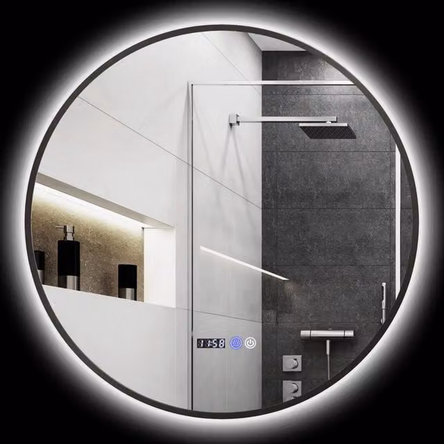 Specchio da bagno rotondo XYLO nero con luce LED, funzione anti-appannamento e comando touch dimmerabile, Diametro: 70 cm