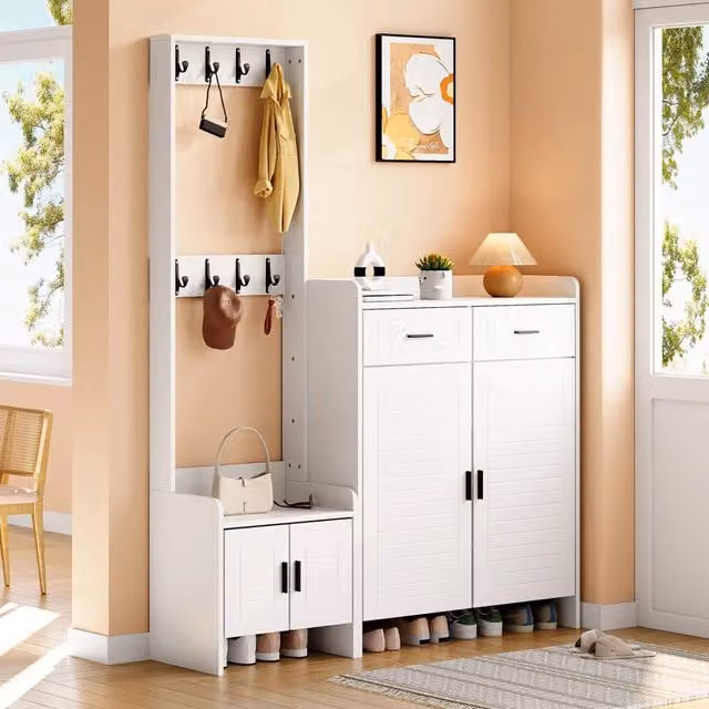 Set di mobili da ingresso con 2 ante 2 cassetti 6 ripiani e 8 ganci in MDF bianco