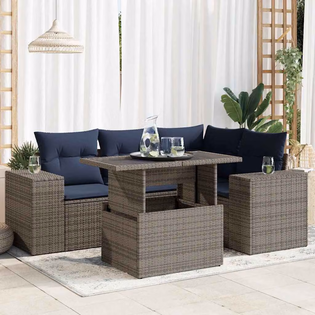 Set Divano da Giardino vidaXL a Forma di L in Polyrattan con Cuscini e Tavolino da Caffè, Grigio e Blu