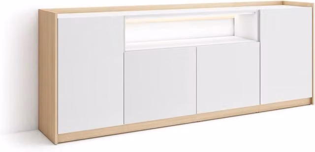 Credenza, Mobile, Cucina, 207x80x37 cm, 4 Porte, LED, Bianco e Rovere soft