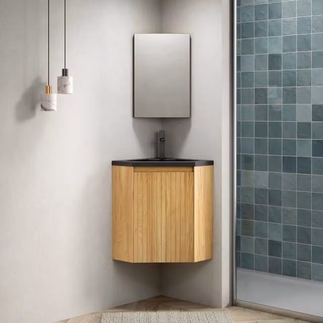 Mobile lavabo da parete 38 cm con lavandino integrato in resina nero opaco, mobile triangolare in compensato con venatura naturale legno, 1 anta, preassemblato