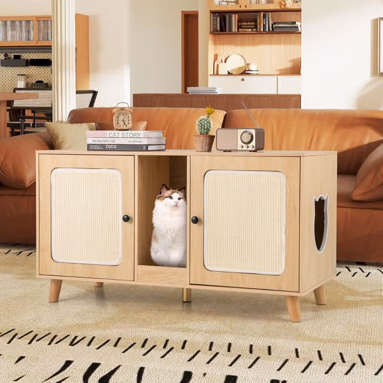 Lettiera per gatti Costway con toilette nascosta, mobile moderno in legno per 2 gatti, colore beige/marrone