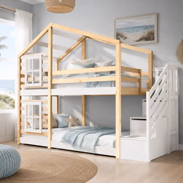 Letto a castello per bambini a casetta 90x200 cm con scala contenitore; pino massello e MDF; naturale e bianco