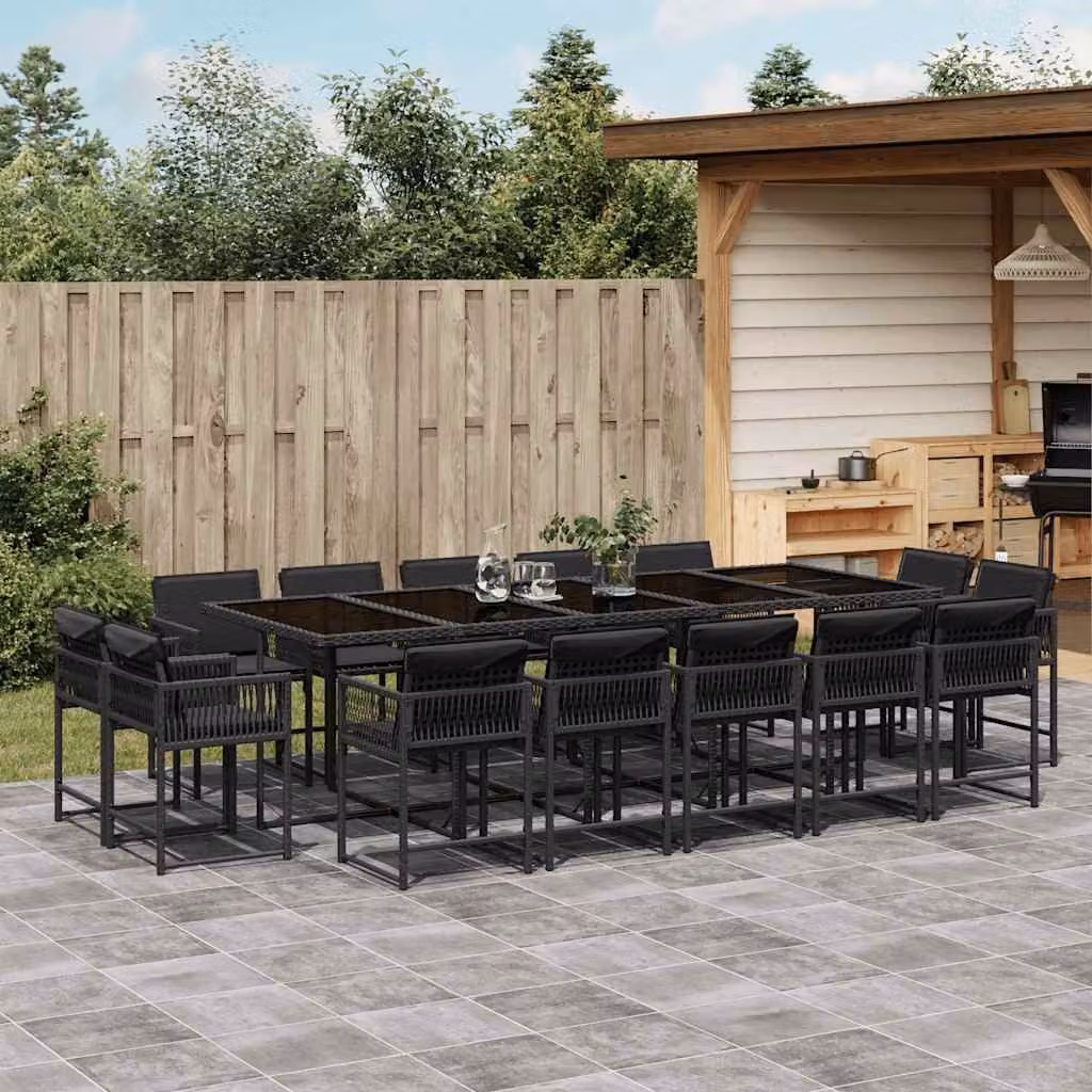Set da pranzo da giardino vidaXL in polyrattan nero con cuscini e tavolo in vetro per 15 persone