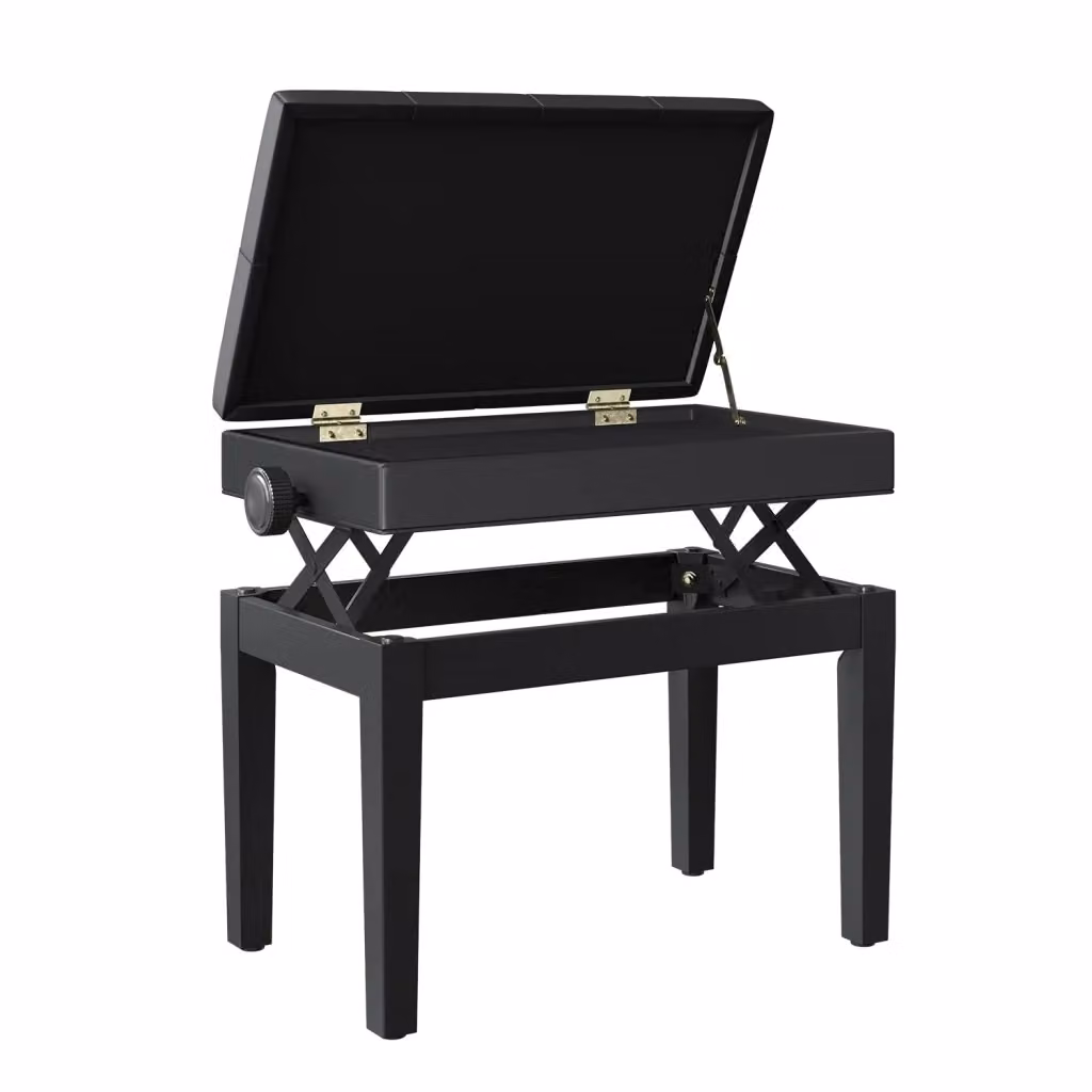 Sgabello Trapuntato con Vano Contenitore Minimal in Legno e Pelle Nera L/P/H: 54.5 x 33 x 48-58 cm – 2