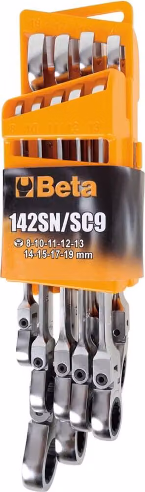 Serie di chiavi combinate a cricchetto snodate 9pz. misure 8~19mm con supporto compatto Beta 142SN/SC9