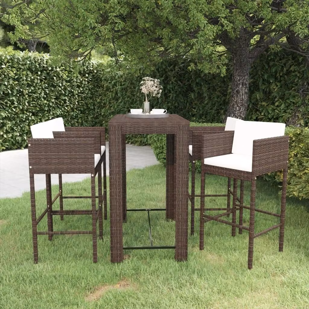 The Living Store Set bar da giardino 5 pezzi con cuscini in poly rattan marrone