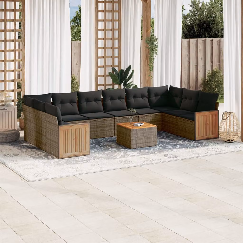 vidaXL Set Divani da Giardino a L 11 pz in Polyrattan Grigio con Cuscini e Tavolino