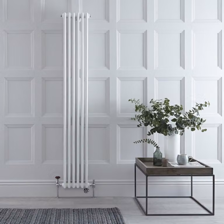 Radiatore Verticale Misto in Stile Ghisa Bianco - 1800mm x 290mm - Senza Termostato - Nichel Satinato